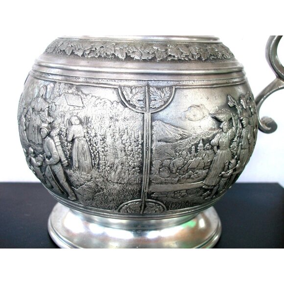 Antique Arzberg Zinn 95% Pewter Embossed Pitcher Jug Vase With Handle - Picture 8 of 15